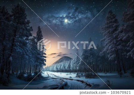 Beautiful snow-covered forest at night, fir trees, pines, it's snowing. Mountains and the moon. 103670921