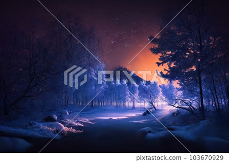Beautiful snow-covered forest at night, fir trees, pines, it's snowing. Mountains and the moon. 103670929