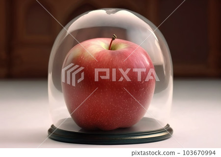 Juicy red apple under a glass hood. An exhibit in the museum. 103670994