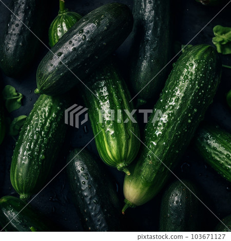 The texture of fresh green tasty cucumbers with large drops of water, close-up, a good background for advertising vegetables, packaging design 103671127