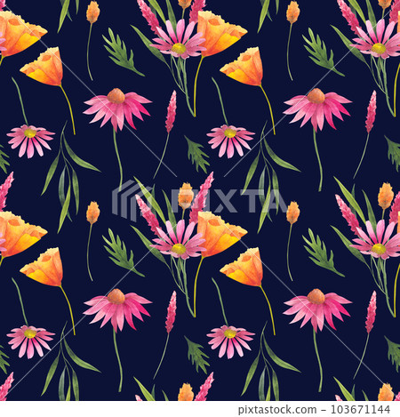 Floral seamless pattern with abstract wildflowers, plants and delicate branches, watercolor print isolated on white background for textile or wallpapers, illustration in provence style 103671144