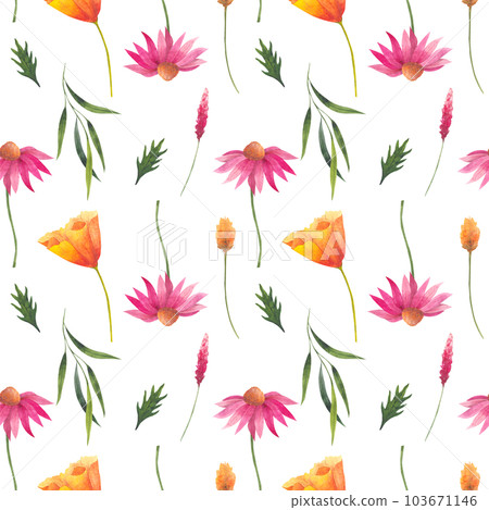 Floral seamless pattern with abstract wildflowers, plants and delicate branches, watercolor print isolated on white background for textile or wallpapers, illustration in provence style 103671146