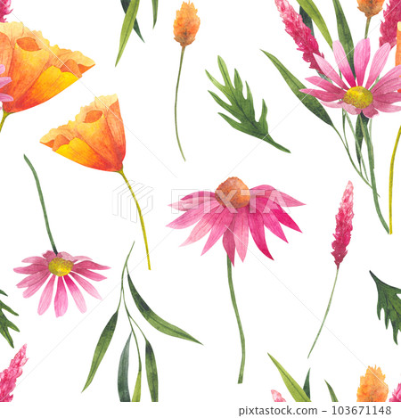 Floral seamless pattern with abstract wildflowers, plants and delicate branches, watercolor print isolated on white background for textile or wallpapers, illustration in provence style Floral seamless pattern with abstract wildflowers, plants and delicate branches, watercolor print isolated on white background for textile or wallpapers, illustration in provence style 103671148