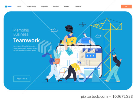 Memphis business illustration. Teamwork -modern flat vector concept illustration of people working together, building a company website, collaboration concept. Commerce business sales metaphor. Memphis business illustration. Teamwork -modern flat vector concept illustration of people working together, building a company website, collaboration concept. Commerce business sales metaphor. 103671558