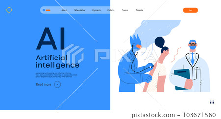 Artificial intelligence, Medicine -modern flat vector concept illustration of AI auscultating patient with stethoscope. Human doctor nearby. Metaphor of AI advantage, superiority and dominance concept Artificial intelligence, Medicine -modern flat vector concept illustration of AI auscultating patient with stethoscope. Human doctor nearby. Metaphor of AI advantage, superiority and dominance concept 103671560