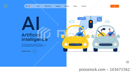 Artificial intelligence, Driving -modern flat vector concept illustration of An artificial intelligence-controlled car. Metaphor of autonomous vehicle, AI superiority and dominance concept Artificial intelligence, Driving -modern flat vector concept illustration of An artificial intelligence-controlled car. Metaphor of autonomous vehicle, AI superiority and dominance concept 103671562