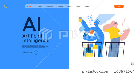 Artificial intelligence, Shopping -modern flat vector concept illustration of AI effectively choosing groceries and man having difficultiy. Metaphor of AI advantage, superiority and dominance concept Artificial intelligence, Shopping -modern flat vector concept illustration of AI effectively choosing groceries and man having difficultiy. Metaphor of AI advantage, superiority and dominance concept 103671564