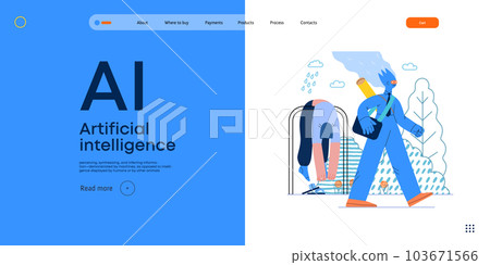 Artificial intelligence illustration. Job -modern flat vector concept illustration -AI going to work instead of human, upset woman stays home. AI metaphor, advantage, superiority and dominance concept 103671566