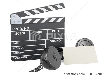 Clapperboard with blank business card and retro phone receiver. 3D rendering Clapperboard with blank business card and retro phone receiver. 3D rendering 103672063