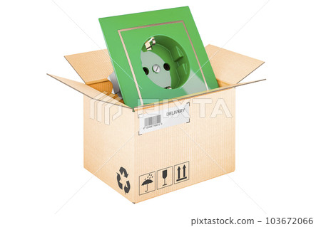Electric socket inside cardboard box, delivery concept, 3D rendering Electric socket inside cardboard box, delivery concept, 3D rendering 103672066