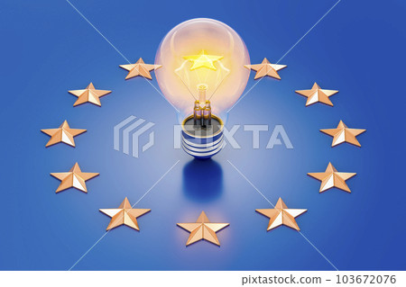 Lightbulb on the EU flag. Electric energy consumption in the European Union, 3D rendering Lightbulb on the EU flag. Electric energy consumption in the European Union, 3D rendering 103672076
