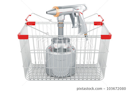Portable Sand Blaster Gun inside shopping basket, 3D rendering Portable Sand Blaster Gun inside shopping basket, 3D rendering 103672080