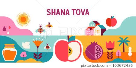 Rosh Hashanah background, banner, flat geometric style. Shana Tova, Happy Jewish New Year, concept Rosh Hashanah background, banner, flat geometric style. Shana Tova, Happy Jewish New Year, concept 103672486