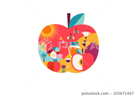 Rosh Hashanah background, apple banner with flat geometric pattern. Shana Tova, Happy Jewish New Rosh Hashanah background, apple banner with flat geometric pattern. Shana Tova, Happy Jewish New 103672487