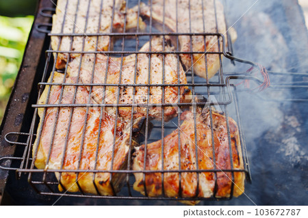 Meat steaks on a grill rack cooking over an open fire 103672787