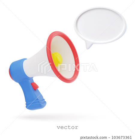 Vector 3d megaphone speaker or loudspeaker for announce promotion, alert, marketing, advertising with empty 3d speech bubble. Speakerphone Vector 3D cartoon illustration isolated on white background. 103673361