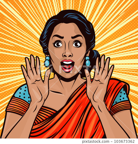 Vector Banner with Indian Woman, Wow Face, Holding Hands, Arms, Palms Near Her Cheeks in Pop Art Comic Style. Advertising Poster for Sale, Discount Placard, Flyer Card. Beautiful Surprised Woman 103673362