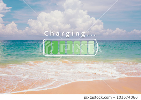 Fully charge battery 100% sign icon on natare summer beach on vacation day. Holiday long weekend relax time concept. 103674066