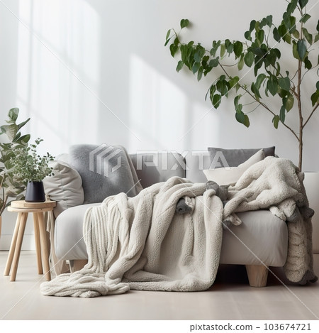 Contemporary home interior with sofa, folded blanket and pillows, detailed room decor, empty wall mockup Contemporary home interior with sofa, folded blanket and pillows, detailed room decor, empty wall mockup 103674721