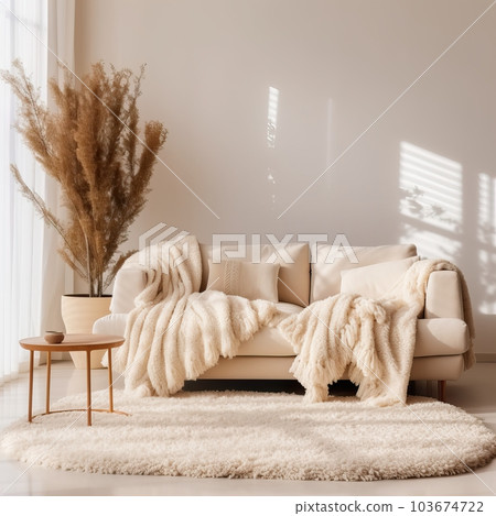 Contemporary home interior with sofa, folded blanket and pillows, detailed room decor, empty wall mockup 103674722