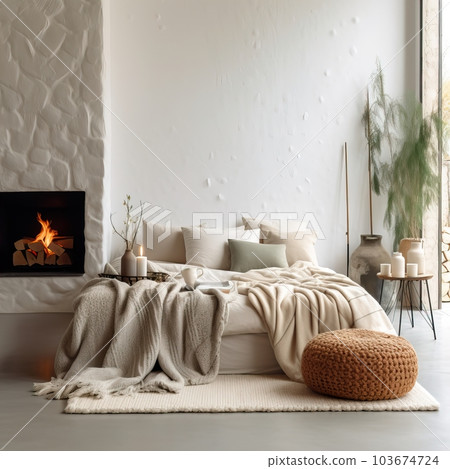 Contemporary home interior with sofa, folded blanket and pillows, detailed room decor, empty wall mockup 103674724