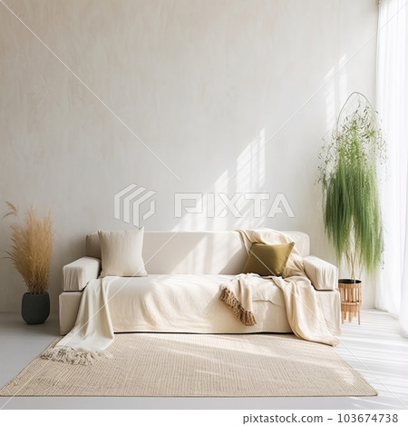 Contemporary home interior with sofa, folded blanket and pillows, detailed room decor, empty wall mockup 103674738