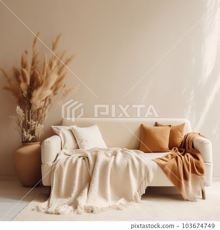 Contemporary home interior with sofa, folded blanket and pillows, detailed room decor, empty wall mockup 103674749