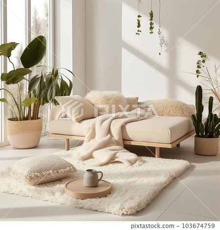 Contemporary home interior with sofa, folded blanket and pillows, detailed room decor, empty wall mockup 103674759