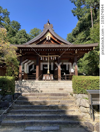 是奈良縣明日香神社明日香神社石階上的參拜殿。 103674944