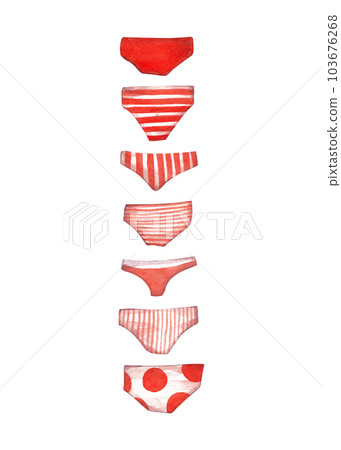 A set of seven women's panties with different prints: stripes or polka dots. Light orange color. Fashion illustration A set of seven women's panties with different prints: stripes or polka dots. Light orange color. Fashion illustration 103676268