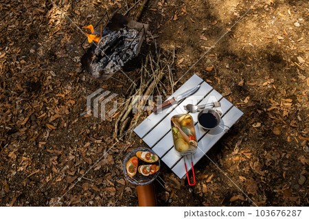Cooking food using a bonfire at the campsit Cooking food using a bonfire at the campsit 103676287