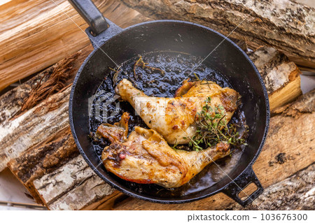 Cooking food using a bonfire at the campsit 103676300