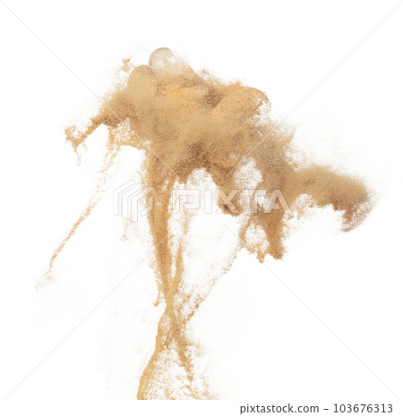 Diamond crystal fly splashing in mid air. Diamond precious stone explosion flying with sand powder dust under dry sun. White background isolated high speed shutter freeze motion Diamond crystal fly splashing in mid air. Diamond precious stone explosion flying with sand powder dust under dry sun. White background isolated high speed shutter freeze motion 103676313