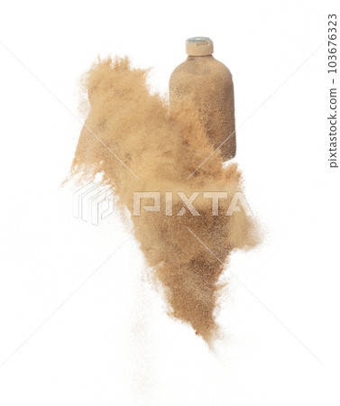 Cosmetic container white bottle fly splashing in mid air. Moisturizer lotion cream bottle explosion flying with sand powder dust under dry sun. White background isolated high speed shutter freeze Cosmetic container white bottle fly splashing in mid air. Moisturizer lotion cream bottle explosion flying with sand powder dust under dry sun. White background isolated high speed shutter freeze 103676323
