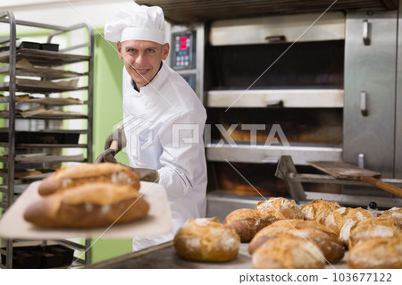 Baker takes out hot bread from oven 103677122