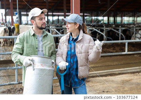 Farmer couple standing with milk churn at livestock farm and talking Farmer couple standing with milk churn at livestock farm and talking 103677124