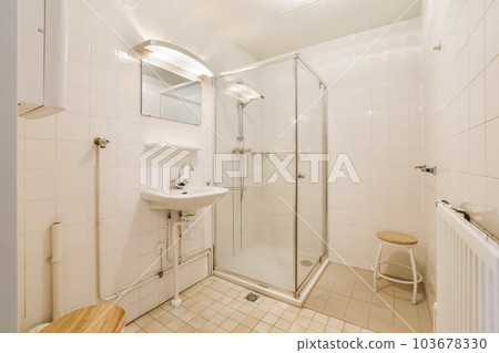 a bathroom with a sink, toilet and shower stall in the corner area on the left side of the room a bathroom with a sink, toilet and shower stall in the corner area on the left side of the room 103678330