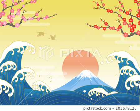波浪、富士山和日出的日式背景 波浪、富士山和日出的日式背景 103679123