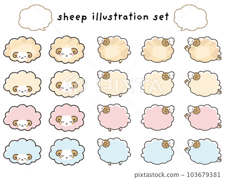 Simple and cute fluffy sheep and speech bubble illustration set Simple and cute fluffy sheep and speech bubble illustration set 103679381