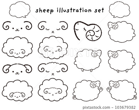 Simple and cute Mokomoko sheep and speech bubble illustration set (black and white line drawing) Simple and cute Mokomoko sheep and speech bubble illustration set (black and white line drawing) 103679382