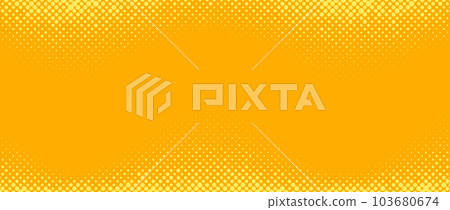 Yellow orange halftone background. Retro comic gradient background. Square pixilated dots cartoon texture. Pop art faded gradient pattern. Vector backdrop. 103680674