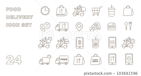 關於送餐、送貨方式和購物的線圖標集 103681596