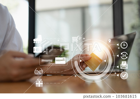 Online store icon, shopping on internet, Asian woman using on virtual screen with hands choosing on smartphone application 103681615