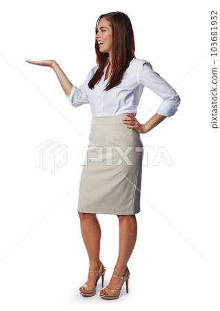 Mockup, hand display and woman on a white background for product placement, logo and advertising. Deal, presenting and isolated girl with hand sign for information, news and announcement in studio Mockup, hand display and woman on a white background for product placement, logo and advertising. Deal, presenting and isolated girl with hand sign for information, news and announcement in studio 103681932