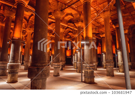 Beautiful cistern in Istanbul. Cistern - underground water reservoir build in 6th century, Istanbul, Turkey, Turkiye Beautiful cistern in Istanbul. Cistern - underground water reservoir build in 6th century, Istanbul, Turkey, Turkiye 103681947
