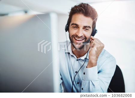 Telemarketing, agent and man with a smile, call center and conversation with advice, help and customer service. Male person, happy employee and consultant with headphones, tech support and connection 103682008