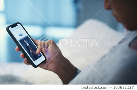Website, dating app and phone screen with hand of woman for social media, date and communication. Digital, technology and internet with closeup of person in bed at home for profile, user and contact 103682127