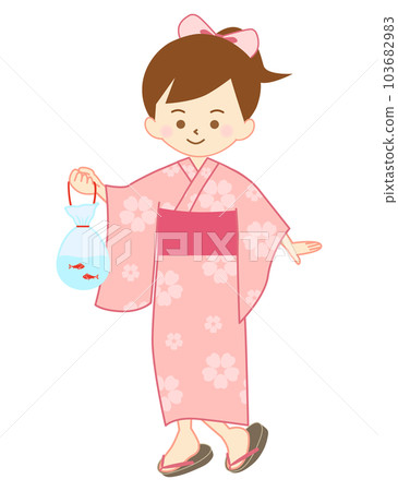 一個穿著浴衣的女孩在節日里撈金魚和金魚一起散步 一個穿著浴衣的女孩在節日里撈金魚和金魚一起散步 103682983