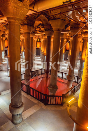 Beautiful cistern in Istanbul. Cistern - underground water reservoir build in 6th century, Istanbul, Turkey, Turkiye Beautiful cistern in Istanbul. Cistern - underground water reservoir build in 6th century, Istanbul, Turkey, Turkiye 103683084