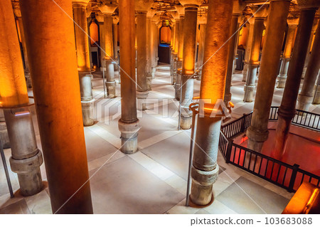 Beautiful cistern in Istanbul. Cistern - underground water reservoir build in 6th century, Istanbul, Turkey, Turkiye 103683088